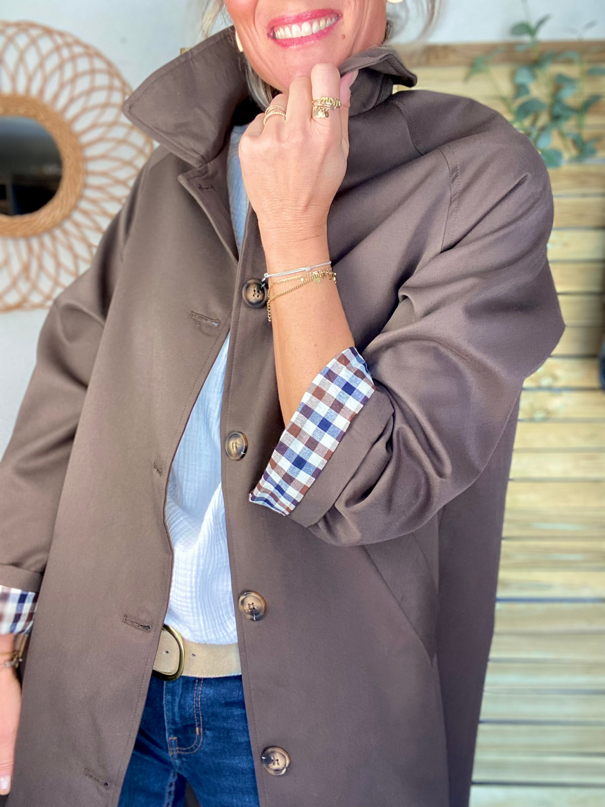 Veste Trench en coton, revers carreaux - YSEULT long Chocolat