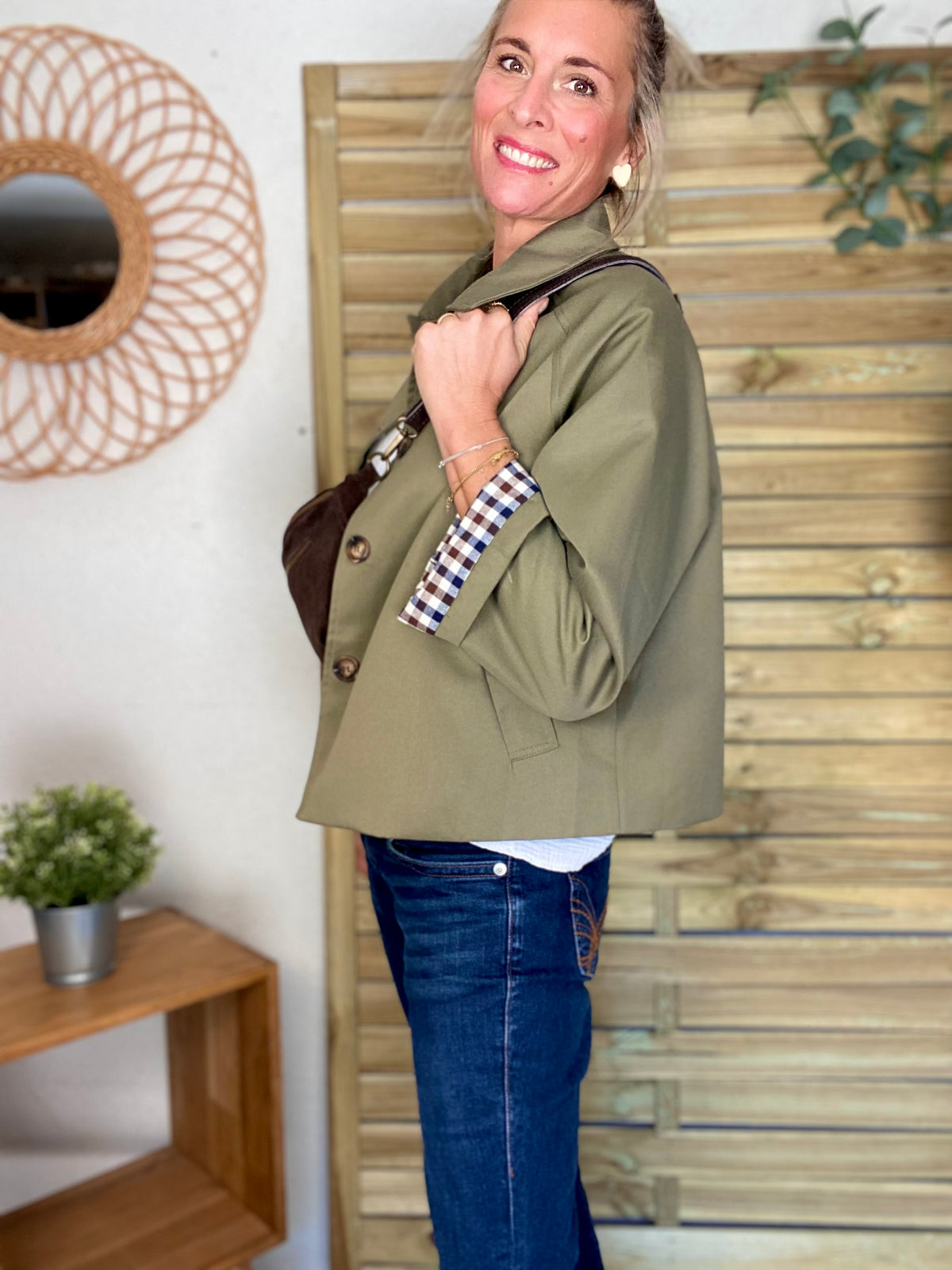 Veste Trench en coton, revers carreaux - YSEULT court Kaki