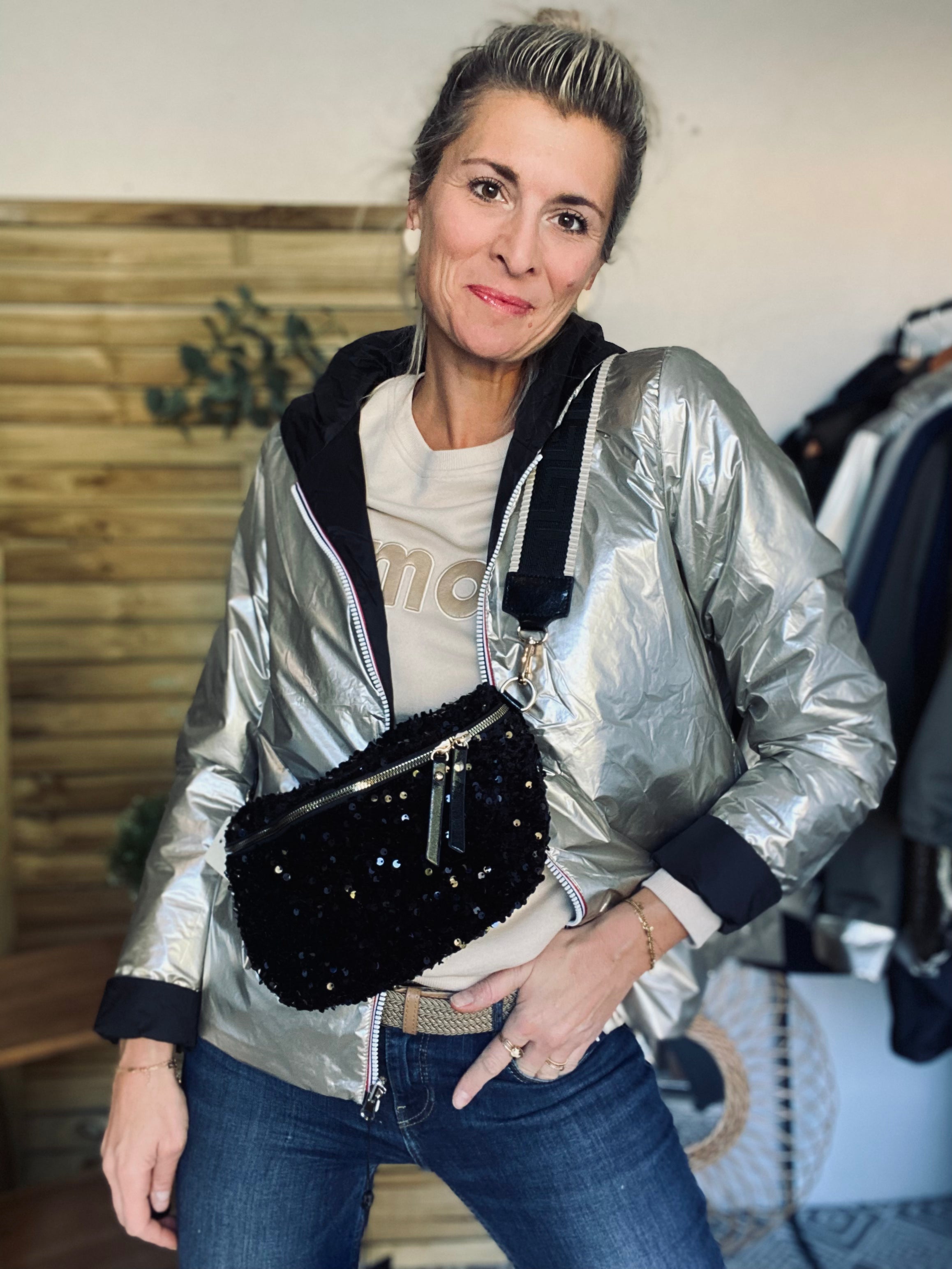 Sac banane L à sequins 30cm et sangle fantaisie - ROXY - Noir