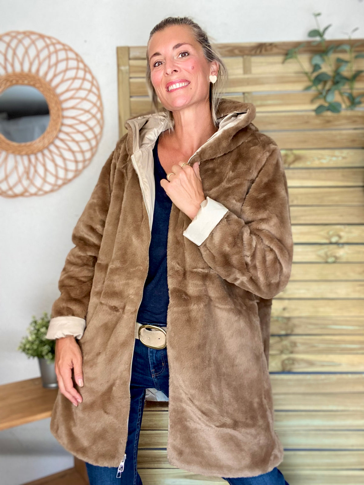 LAURA JO - Parka Imperméable réversible fourrée Sable irisé / Camel ALIX Long