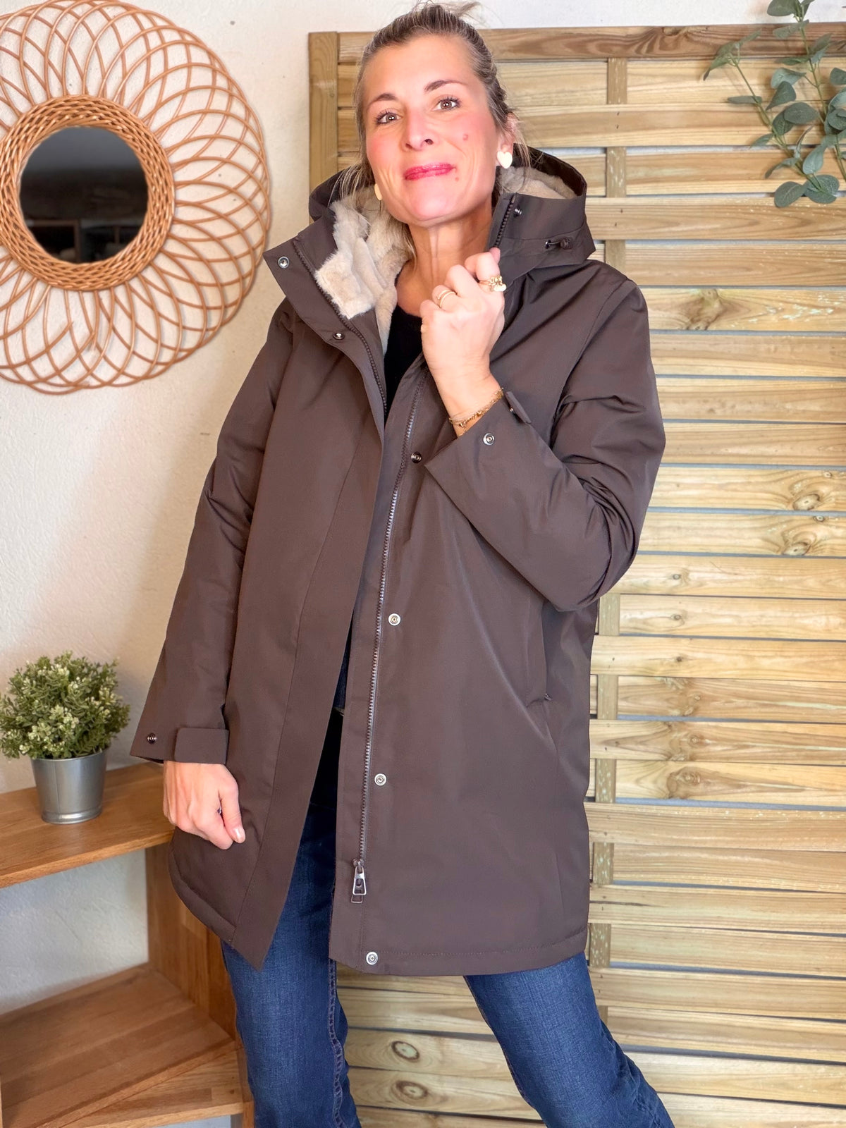 LAURA JO - Parka fourrée imperméable AMBRE LONG - Chocolat / Beige