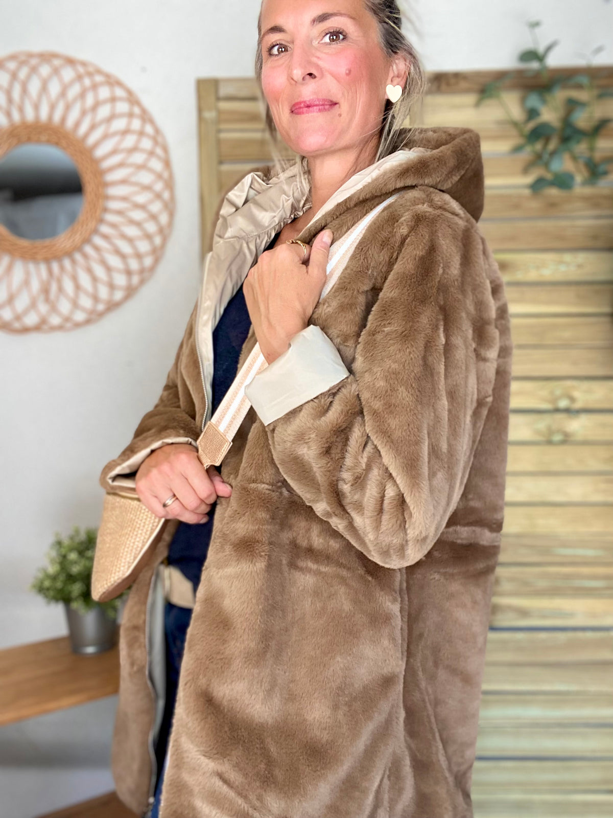 LAURA JO - Parka Imperméable réversible fourrée Sable irisé / Camel ALIX Long