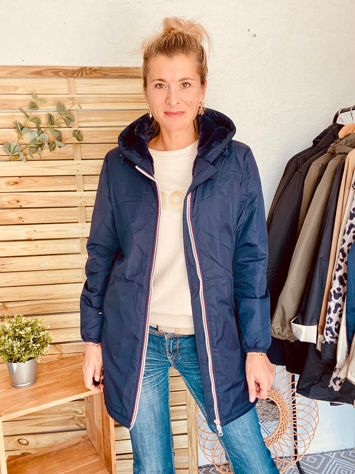 LAURA JO - Parka Imperméable LOUISE LONG fourré - Bleu Marine • DÉSTOCKAGE Taille S