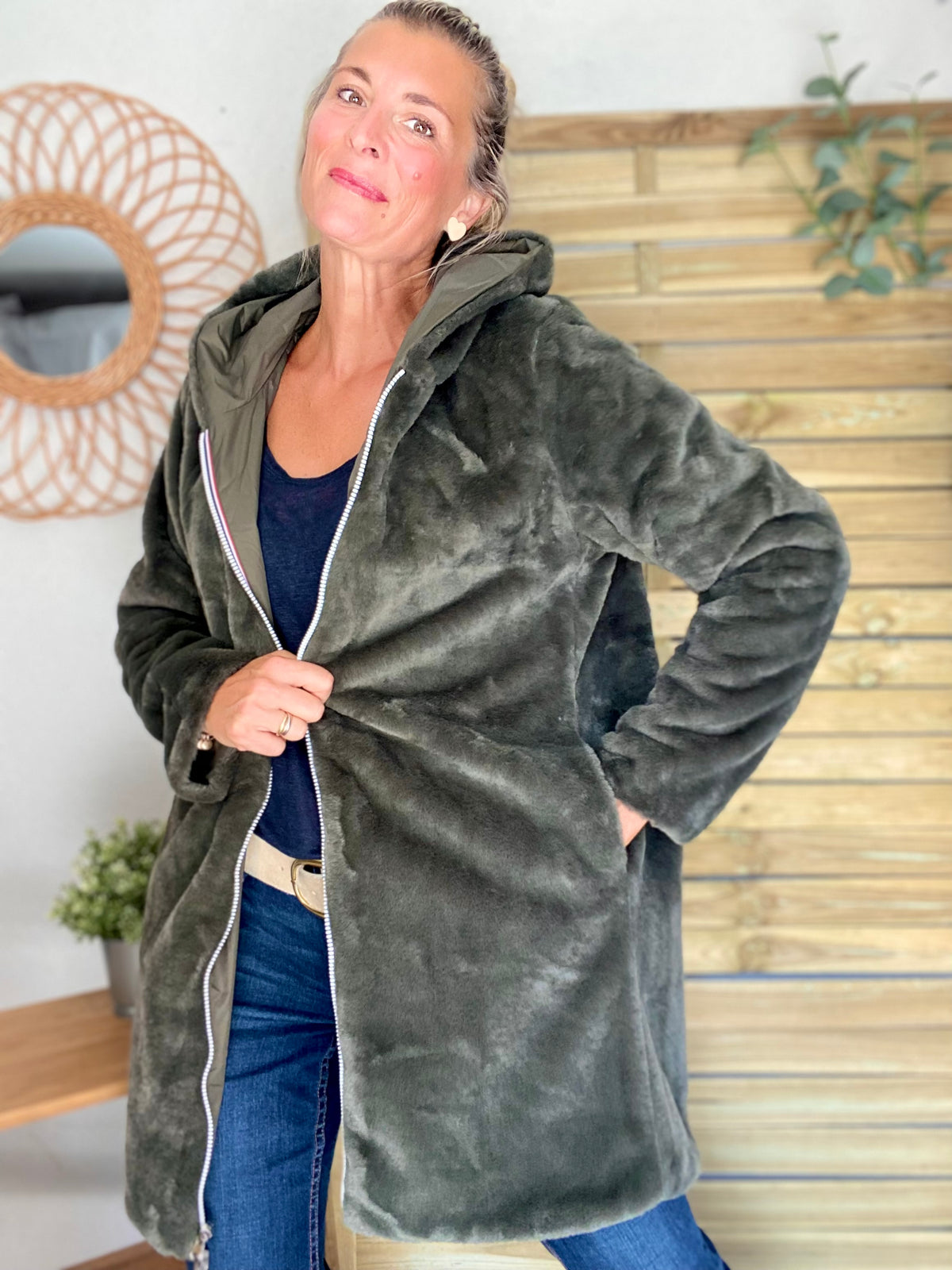 LAURA JO - Parka Imperméable réversible fourrée Kaki / Kaki ALIX Long • DÉSTOCKAGE sur Taille S