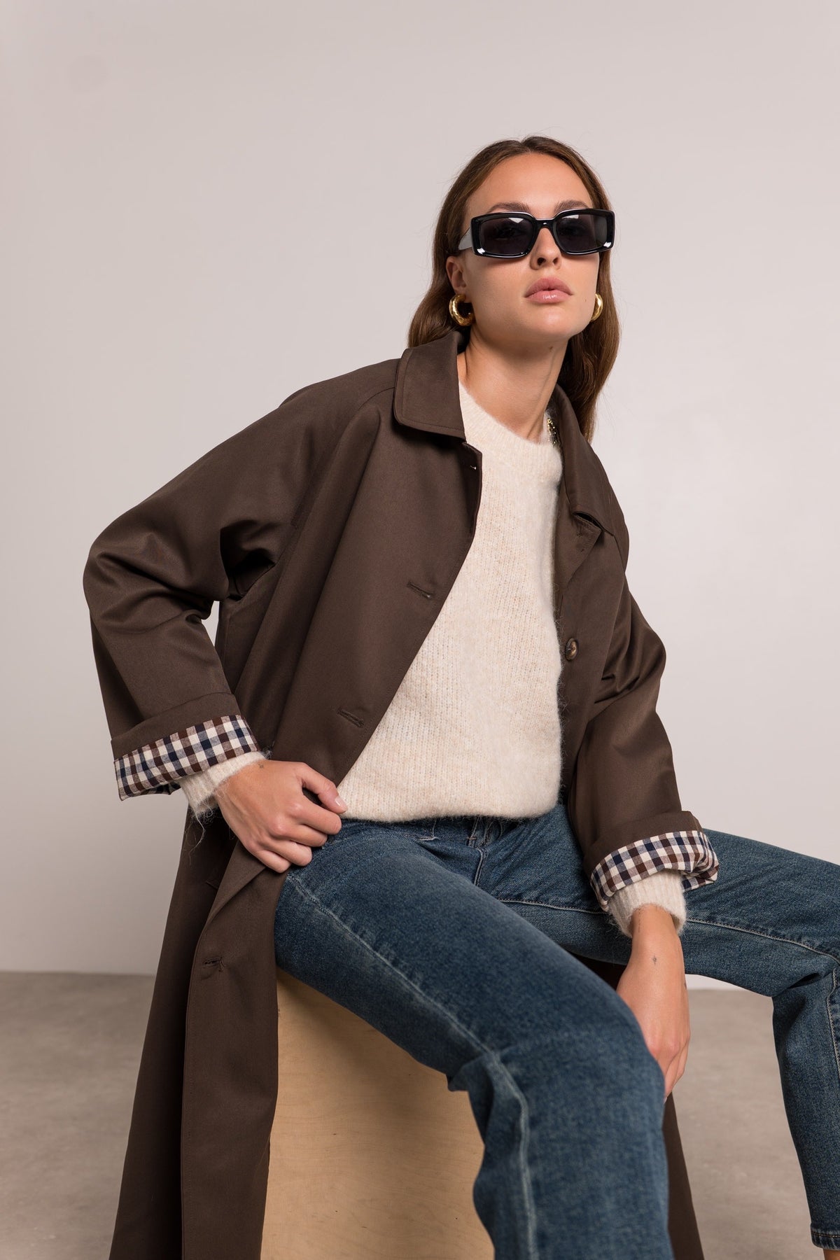 Veste Trench en coton, revers carreaux - YSEULT long Chocolat