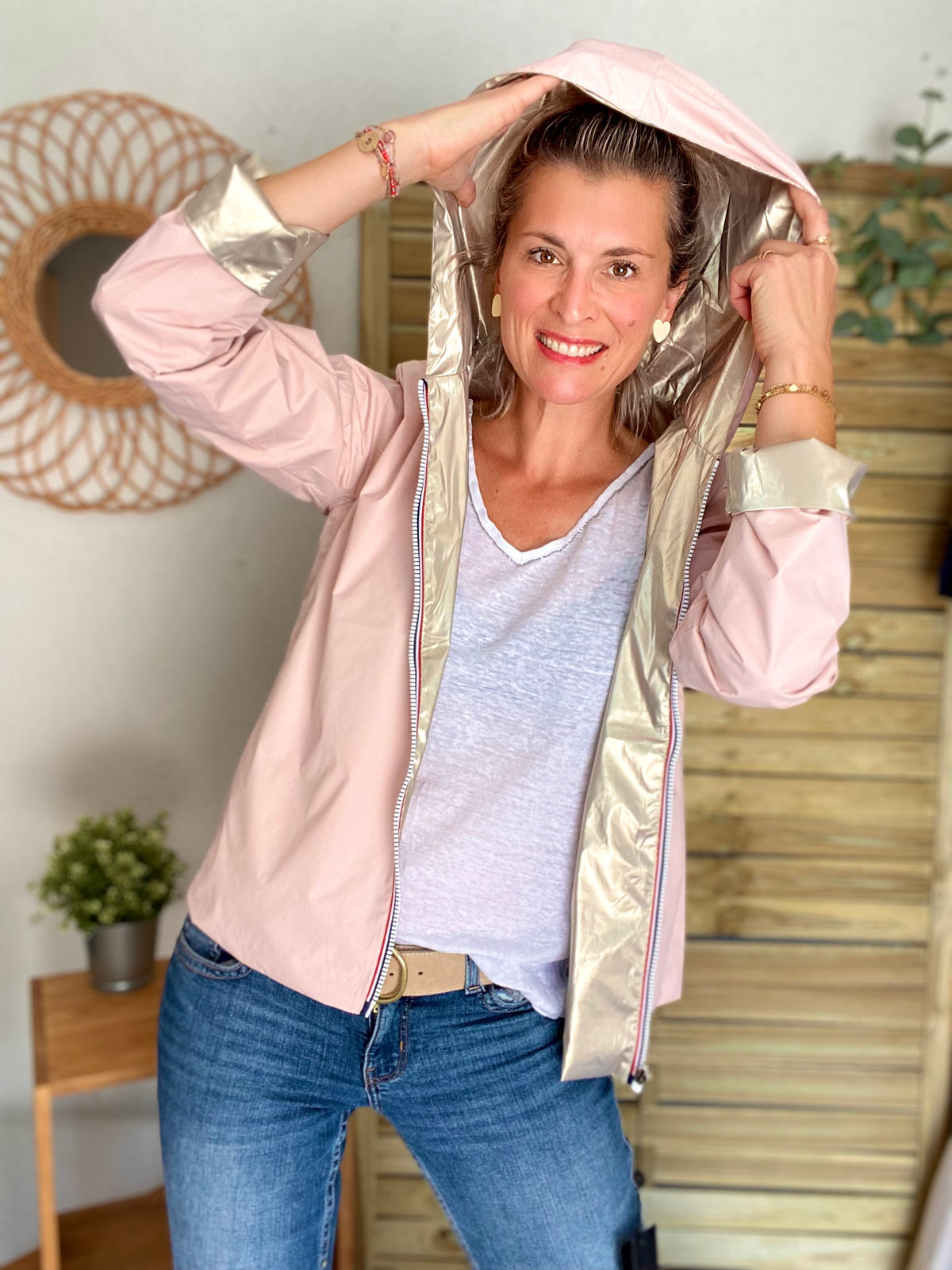 LAURA JO - Imperméable réversible léger GARANCE COURT - Rose/Doré • DÉSTOCKAGE sur Taille XL