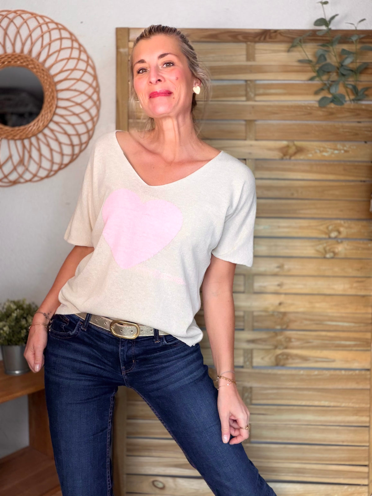 Pull fin col V gros cœur rose 🩷 PÉNÉLOPE - FIN DE SÉRIE