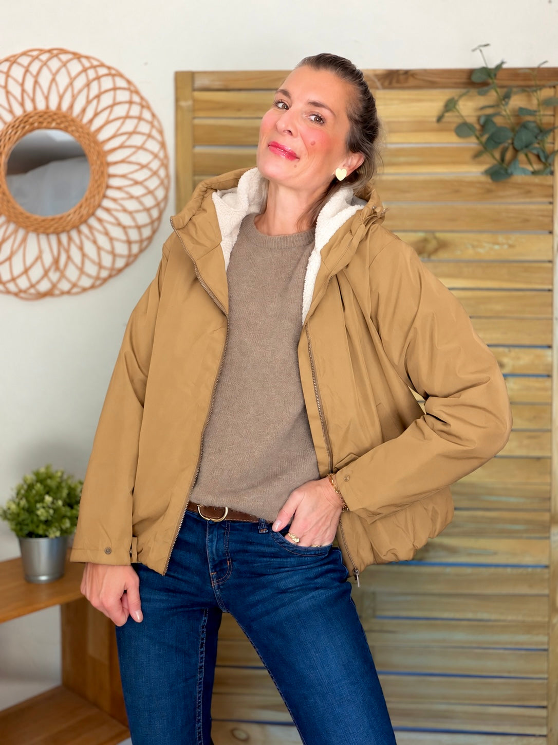 LAURA JO - Imperméable fourré sherpa EVA court - Camel