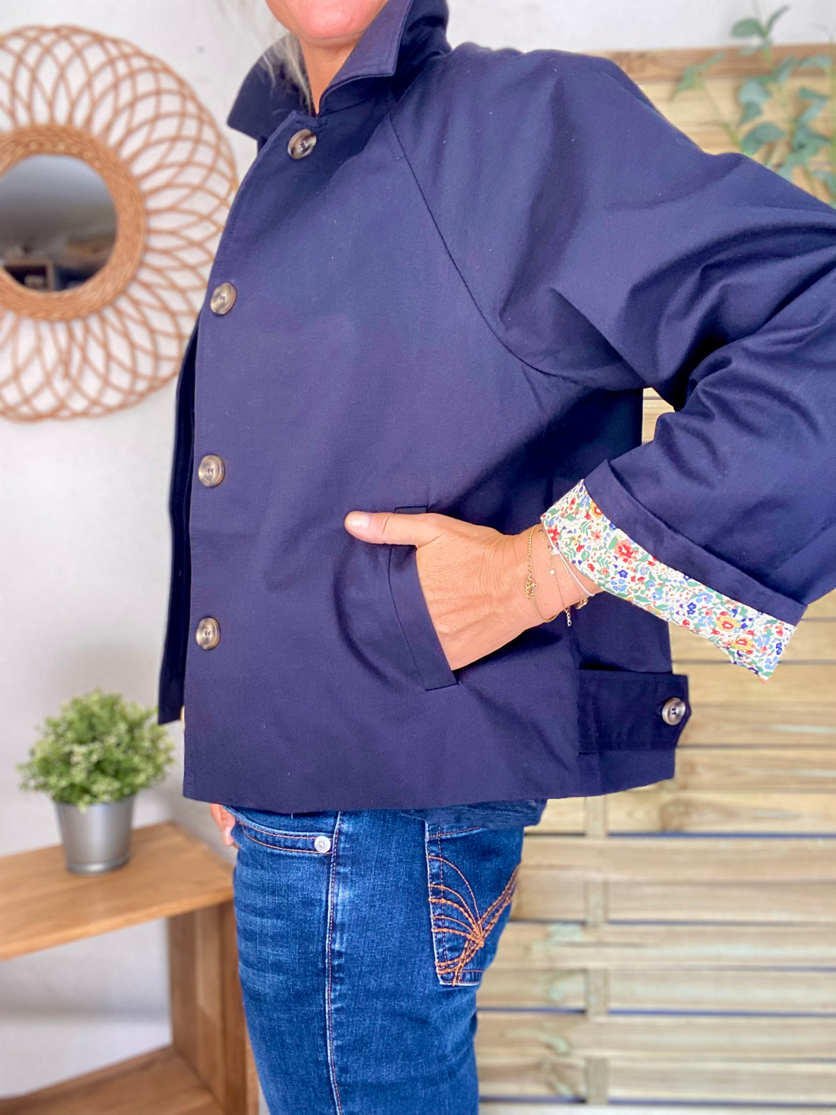 Veste Trench en coton bleu marine avec Liberty - MAHAUT- LILI et LALA
