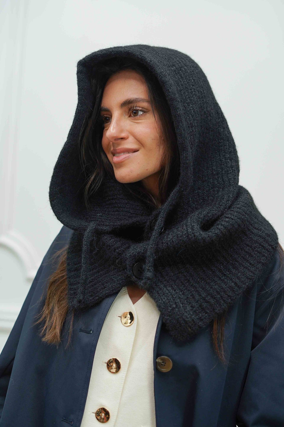 Col cagoule LORIE en maille avec boutons - Noir