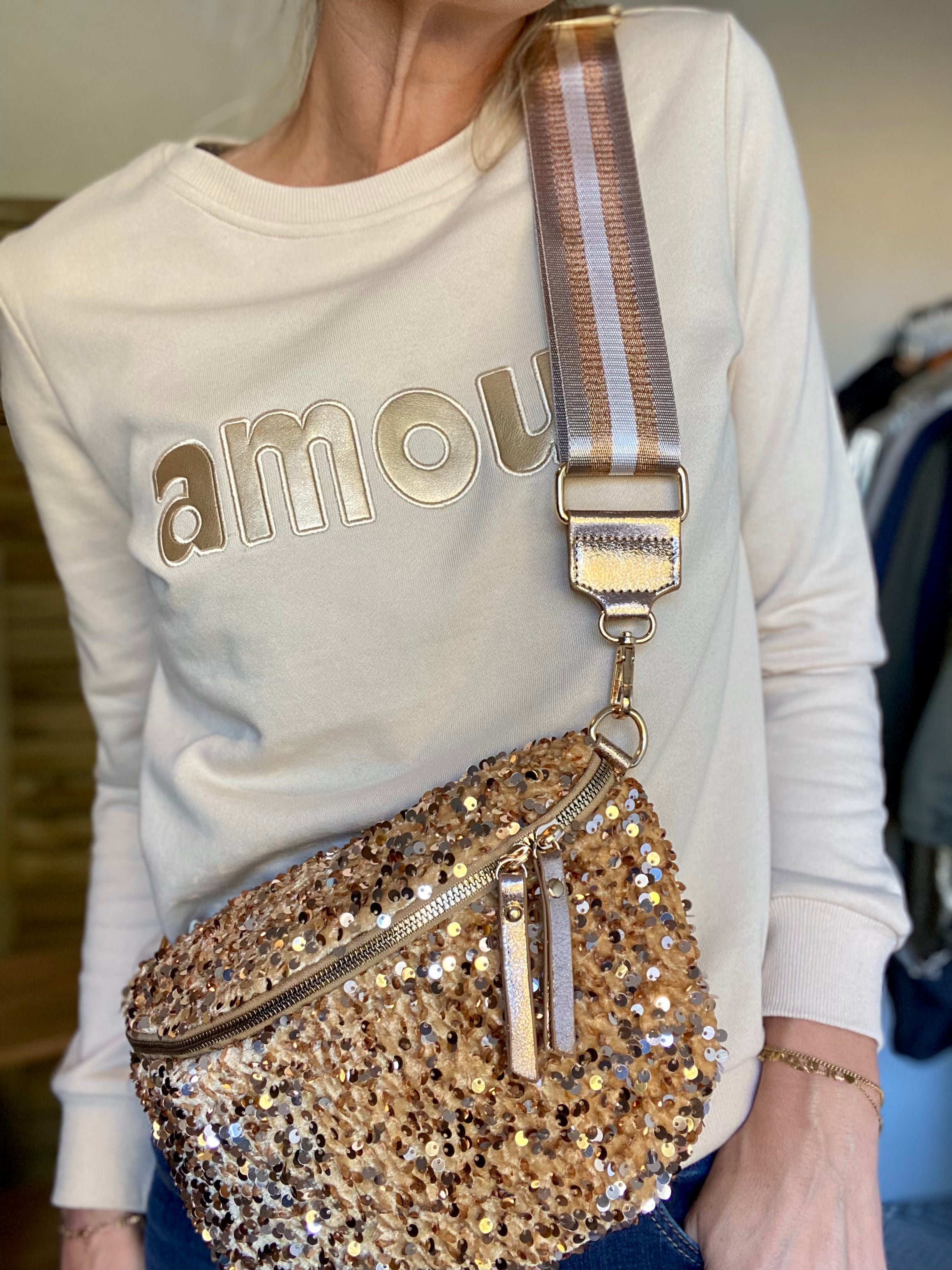 Sac banane L à sequins 30cm et sangle fantaisie - ROXY - Doré