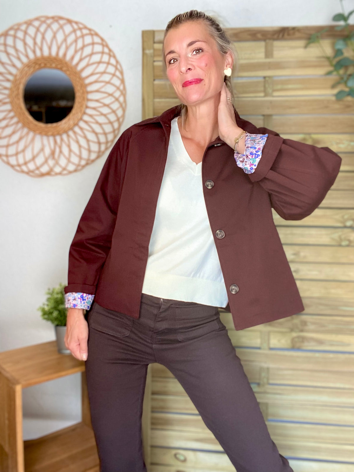 Veste Trench en coton bordeaux foncé avec Liberty - MAHAUT - LILI et LALA - FIN DE SÉRIE