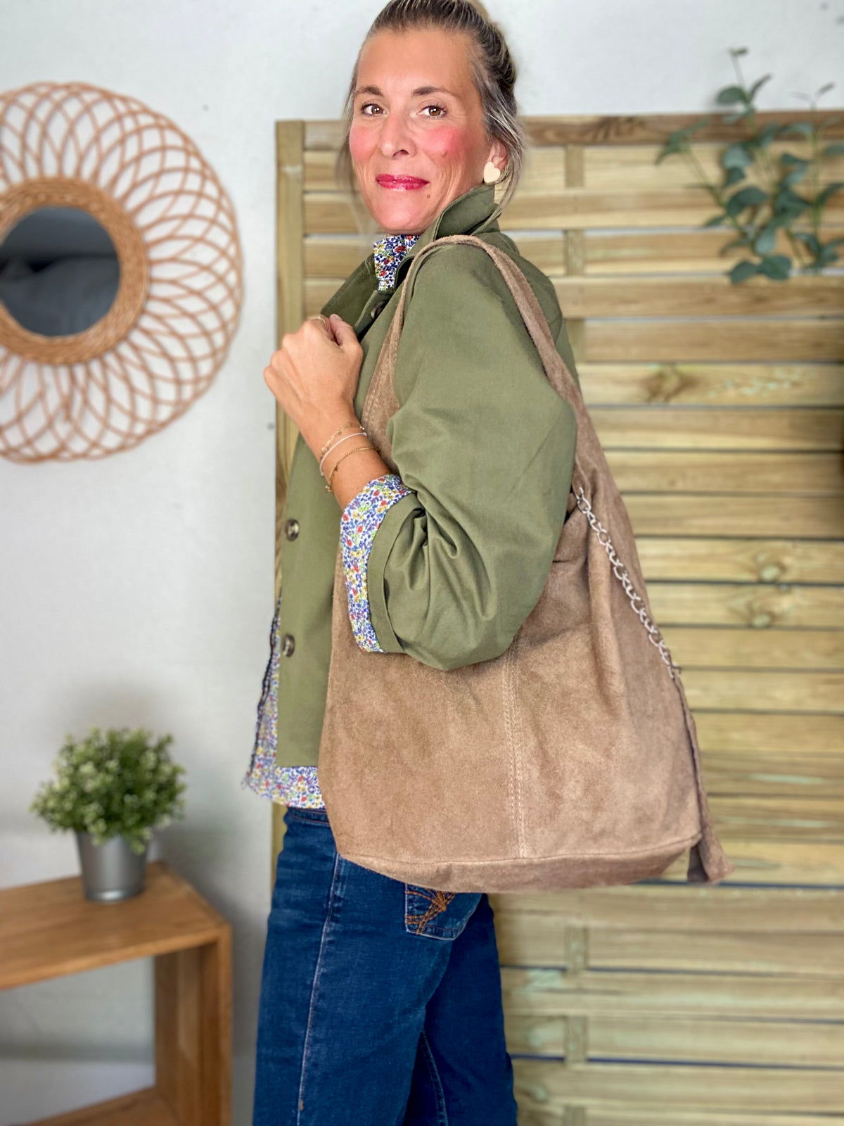 Sac cabas hobo cuir daim MARLON - Beige taupe