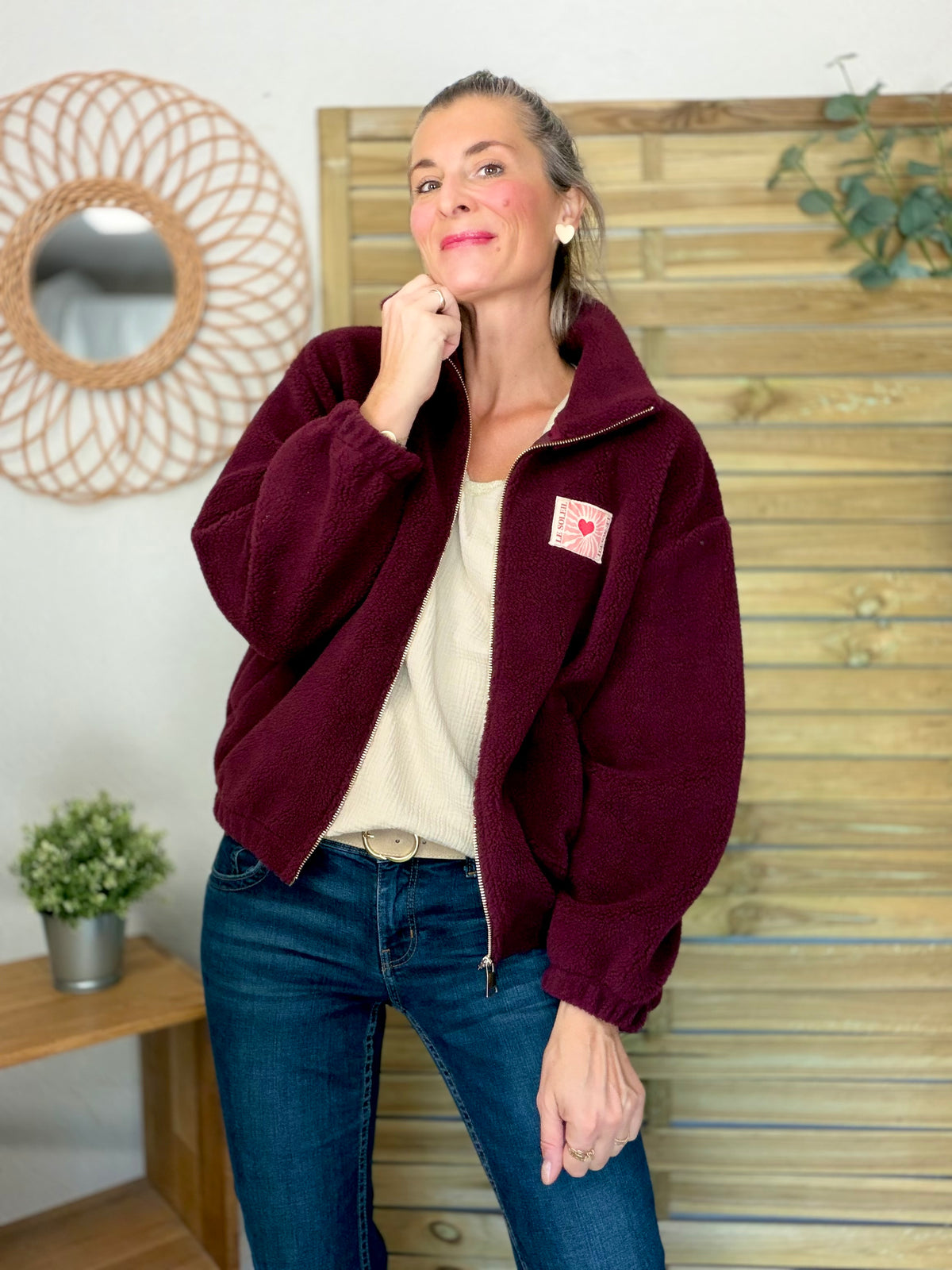 ⚡️ARRIVAGE • Veste teddy Sherpa zippée « Soleil » DORO Bordeaux
