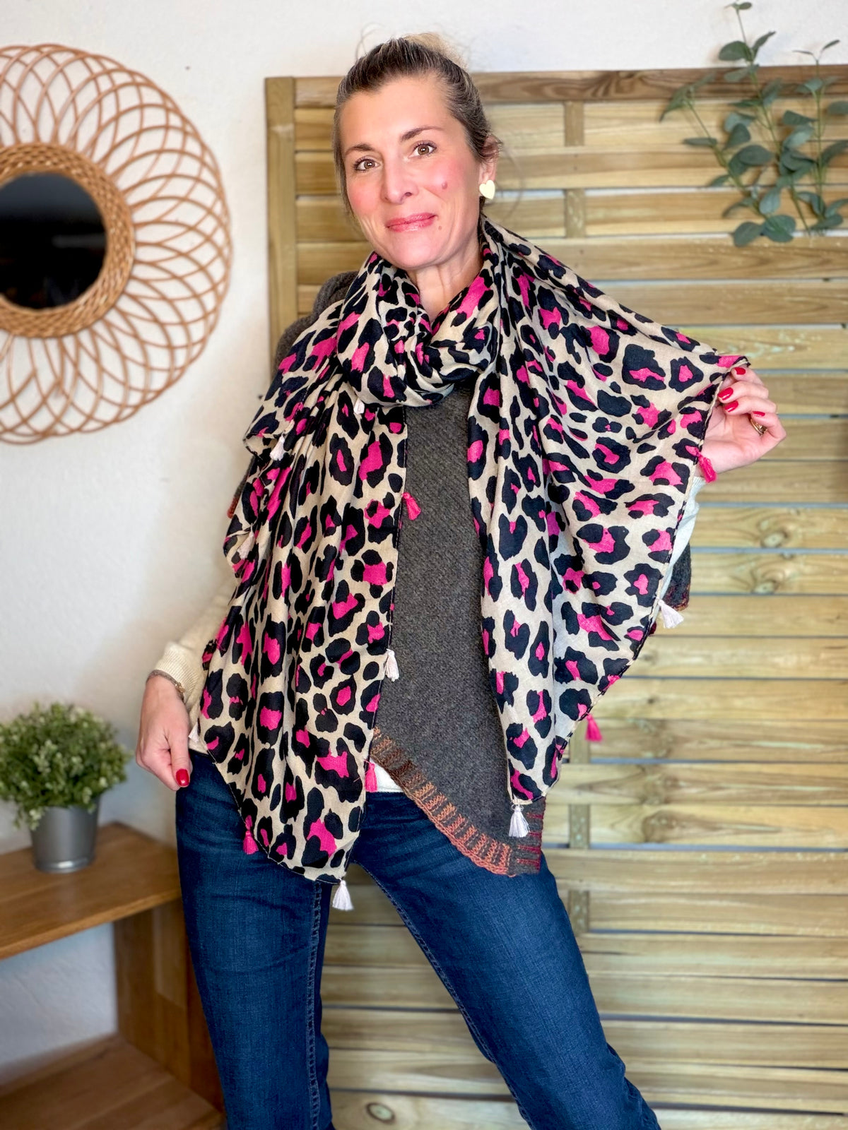 Foulard Léo CLEM - Beige / Fuschia 🐆