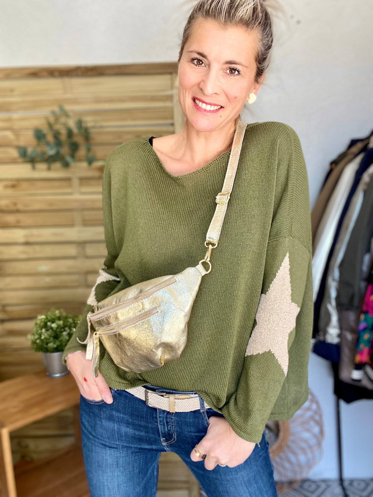 Sac banane en cuir irisé double poche - ERYN fronces - Doré