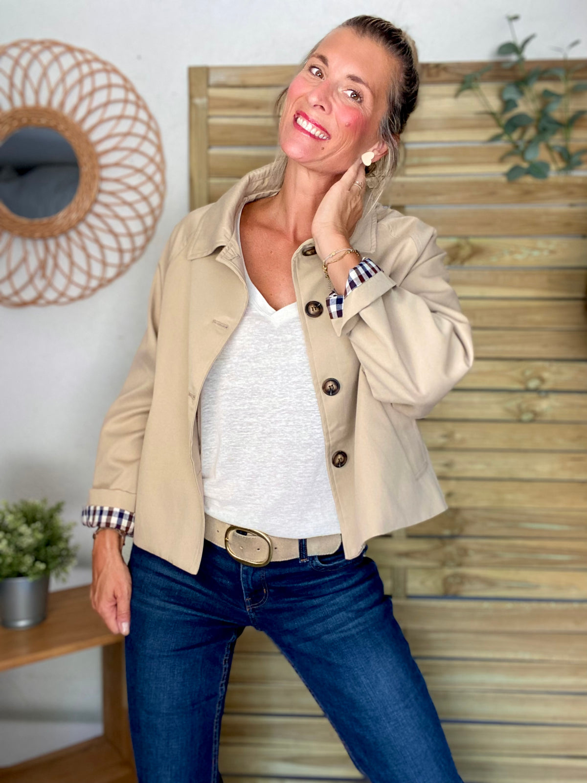 Veste Trench en coton, revers carreaux - YSEULT court Beige