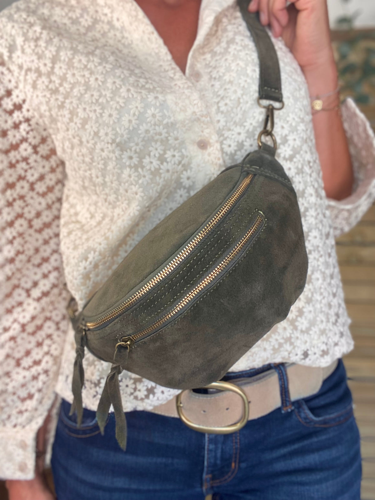 Sac banane double poche en cuir daim - OPALINE - Kaki foncé