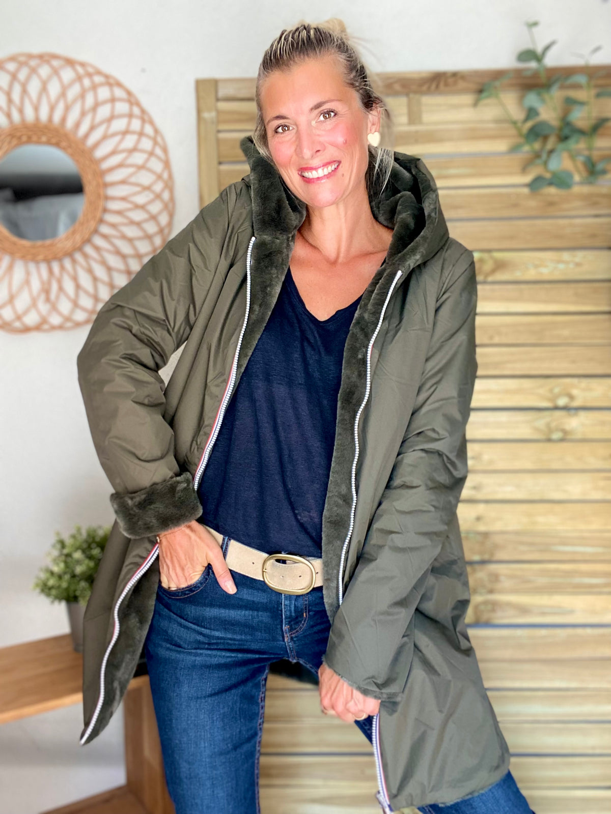LAURA JO - Parka Imperméable réversible fourrée Kaki / Kaki ALIX Long • DÉSTOCKAGE sur Taille S
