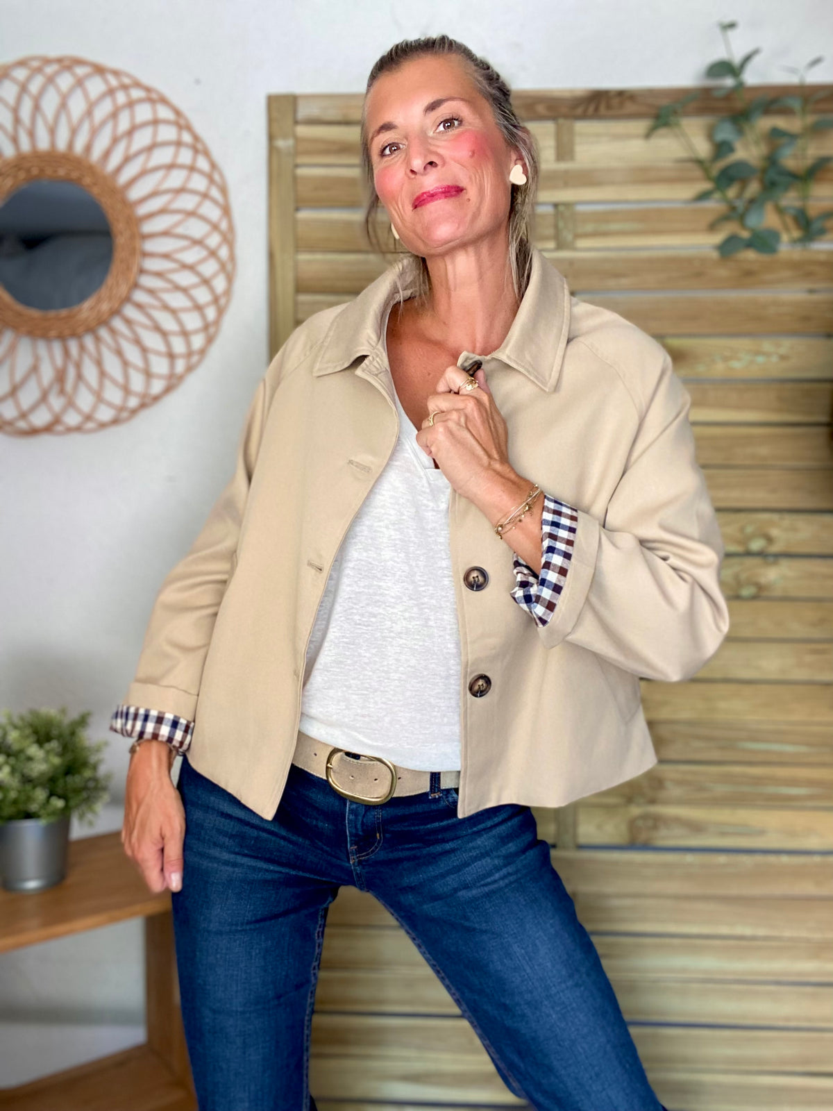 Veste Trench en coton, revers carreaux - YSEULT court Beige