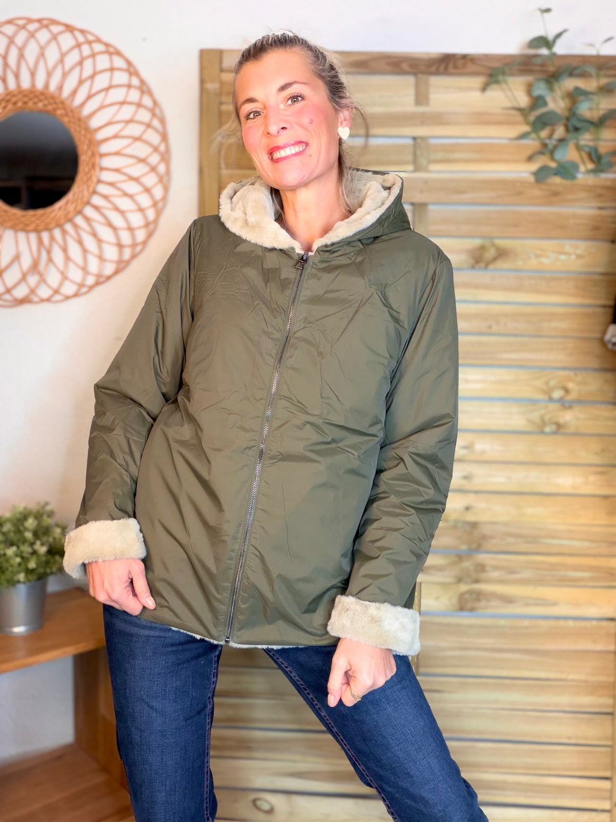 LAURA JO - Parka Imperméable réversible fourrée Kaki / Beige ALIX Court
