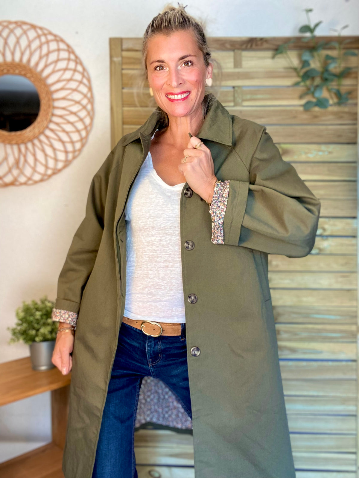 Veste Trench en coton kaki avec Liberty - MAHAUT MI LONG - LILI et LALA • DÉSTOCKAGE sur Taille S