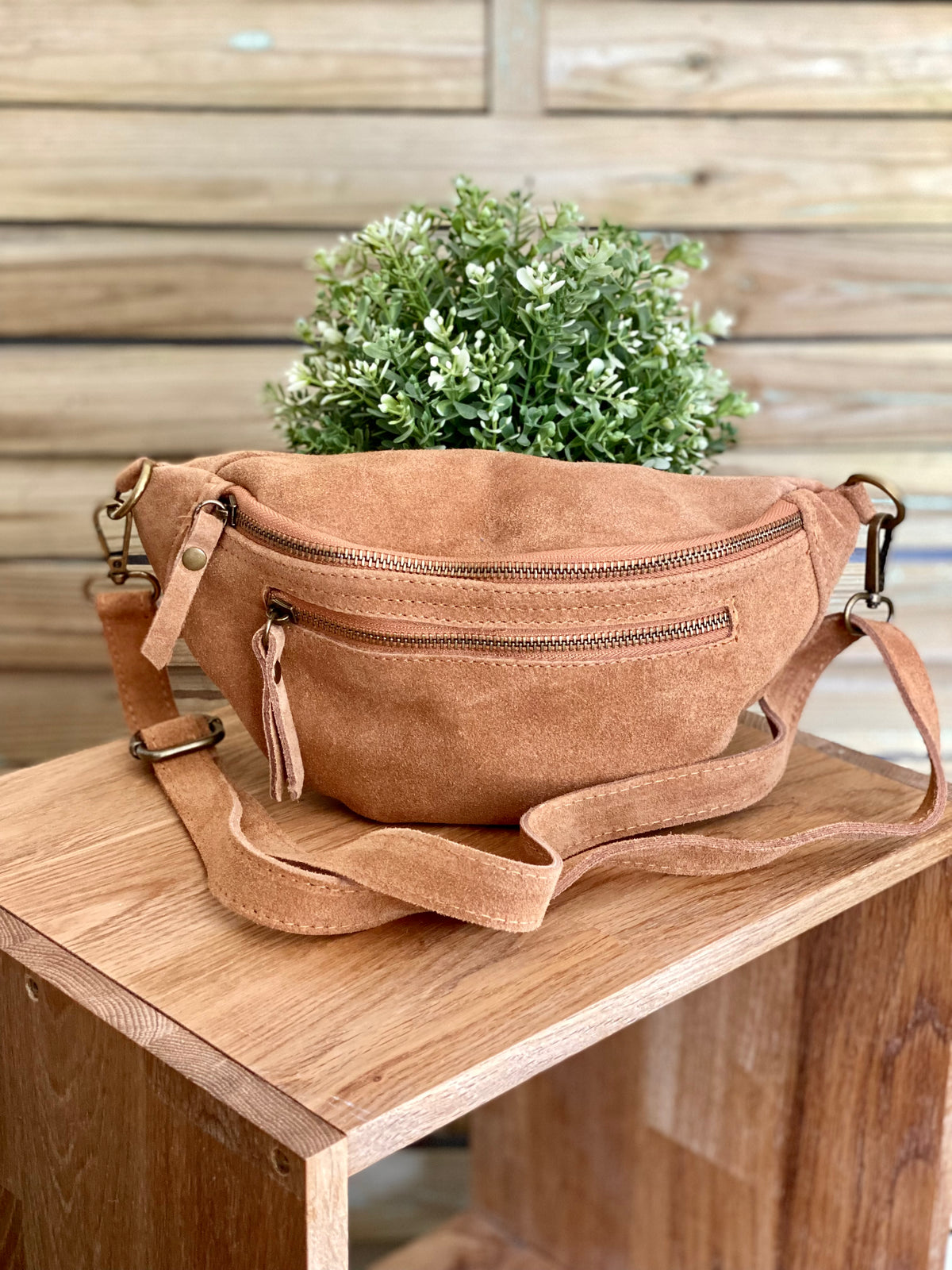 Sac banane double poche en cuir daim - OPALINE - Camel