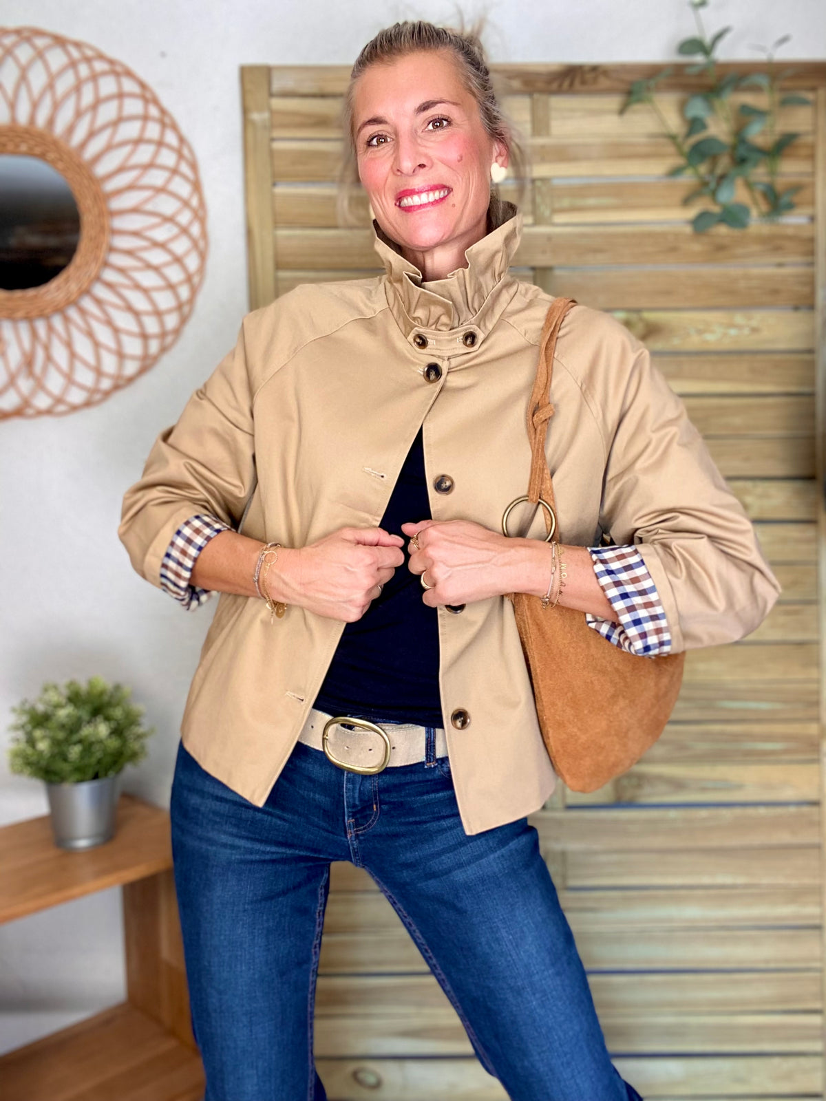 Veste Trench col victorien doublure carreaux - VICTORIA Beige Taupe