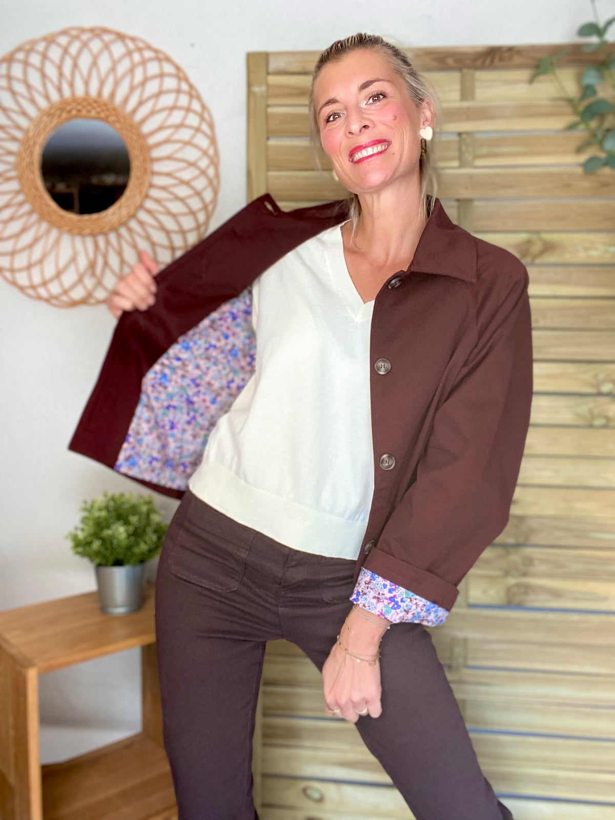 Veste Trench en coton bordeaux foncé avec Liberty - MAHAUT - LILI et LALA - FIN DE SÉRIE