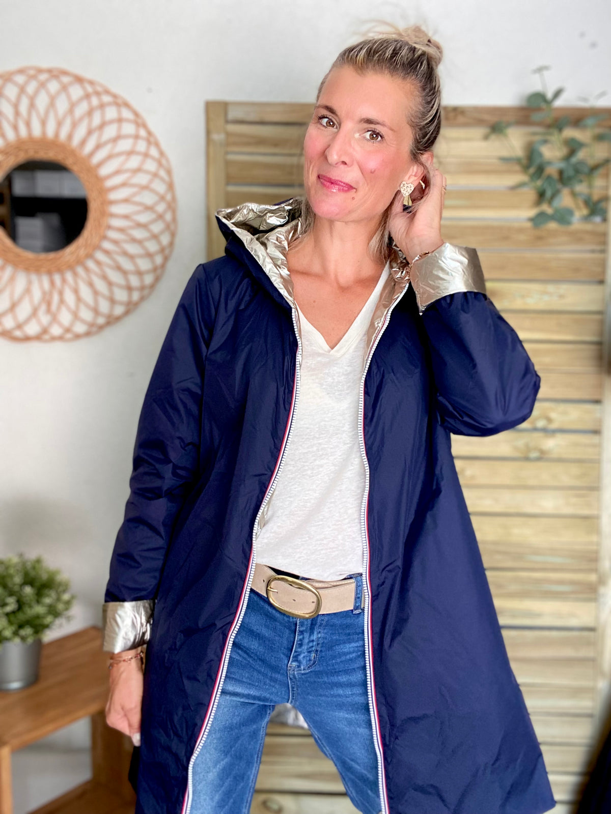 LAURA JO - Imperméable réversible rembourré LOUISON LONG - Marine/Doré
