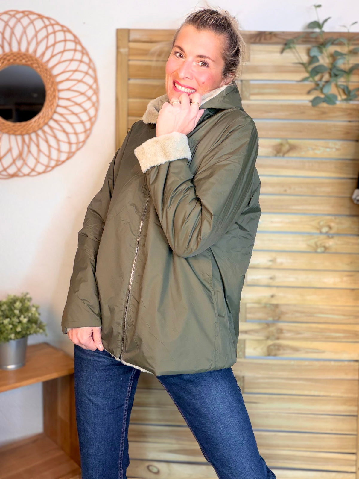 LAURA JO - Parka Imperméable réversible fourrée Kaki / Beige ALIX Court