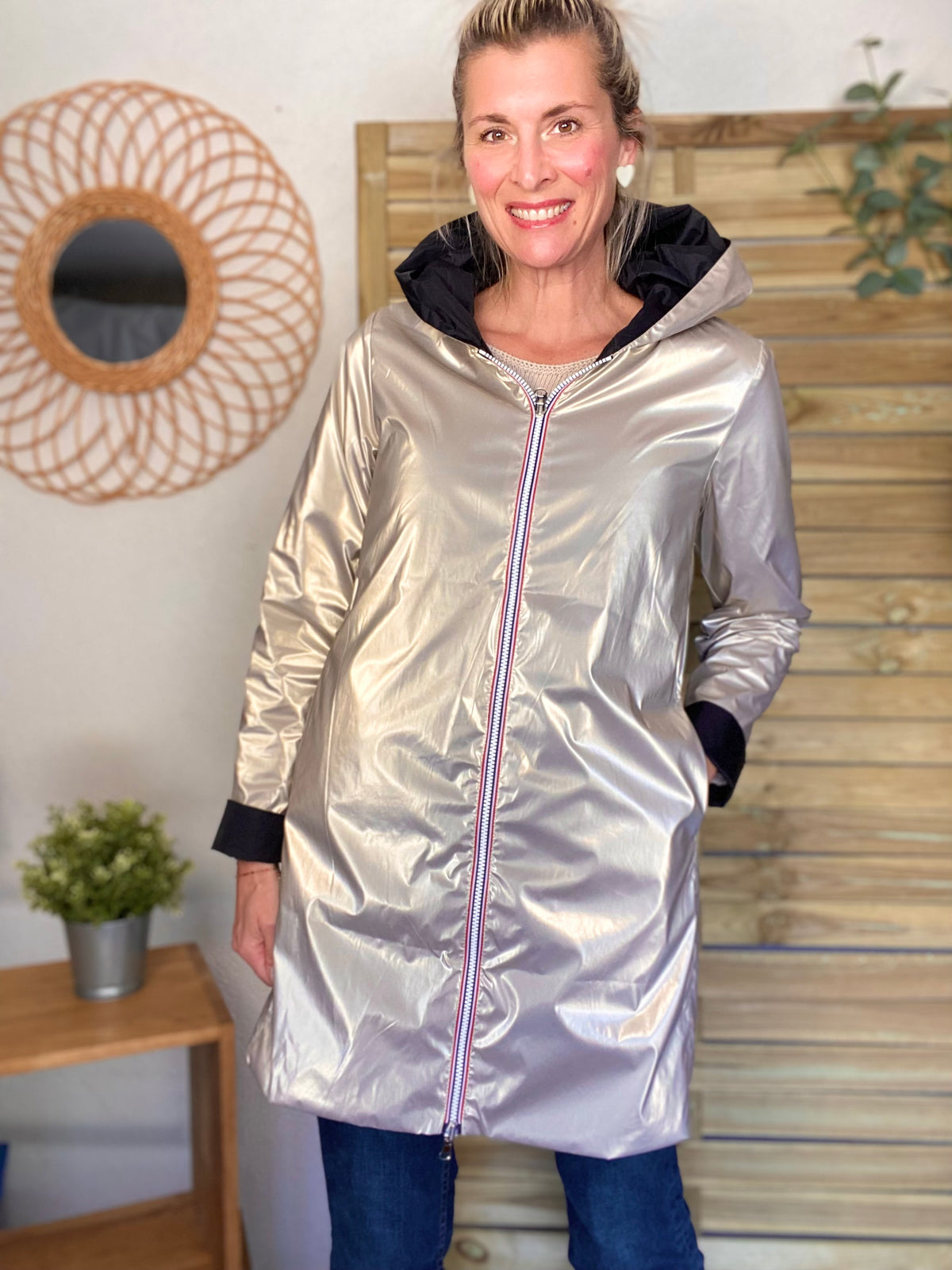 LAURA JO - Imperméable réversible léger GARANCE LONG - Noir/Doré • DESTOCKAGE sur Taille S