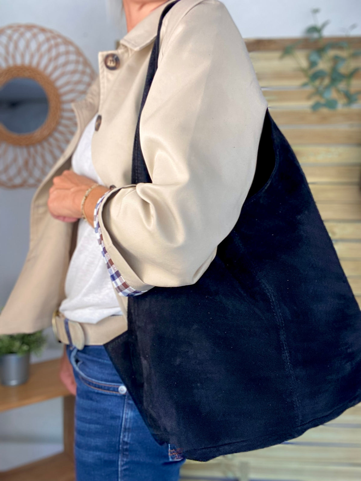 Sac cabas hobo cuir daim MARLON - Noir