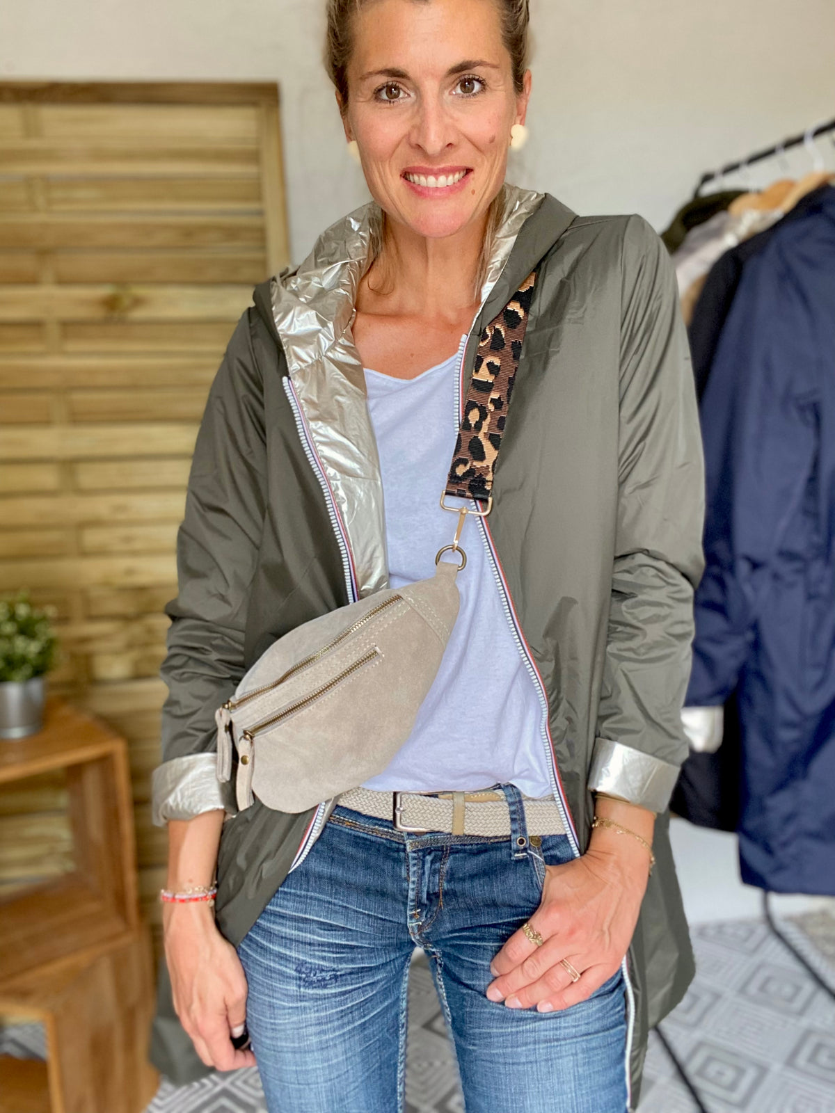 Sac banane double poche en cuir daim - OPALINE - Beige