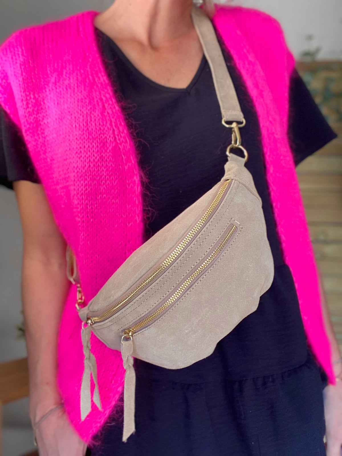 Sac banane double poche en cuir daim - OPALINE - Beige