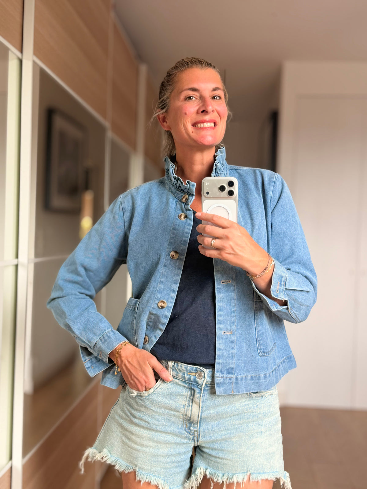 Veste courte légère col volanté JUNON Jean clair