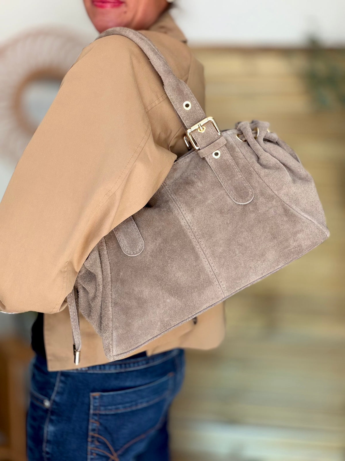 Sac à main en cuir daim GERY - Taupe
