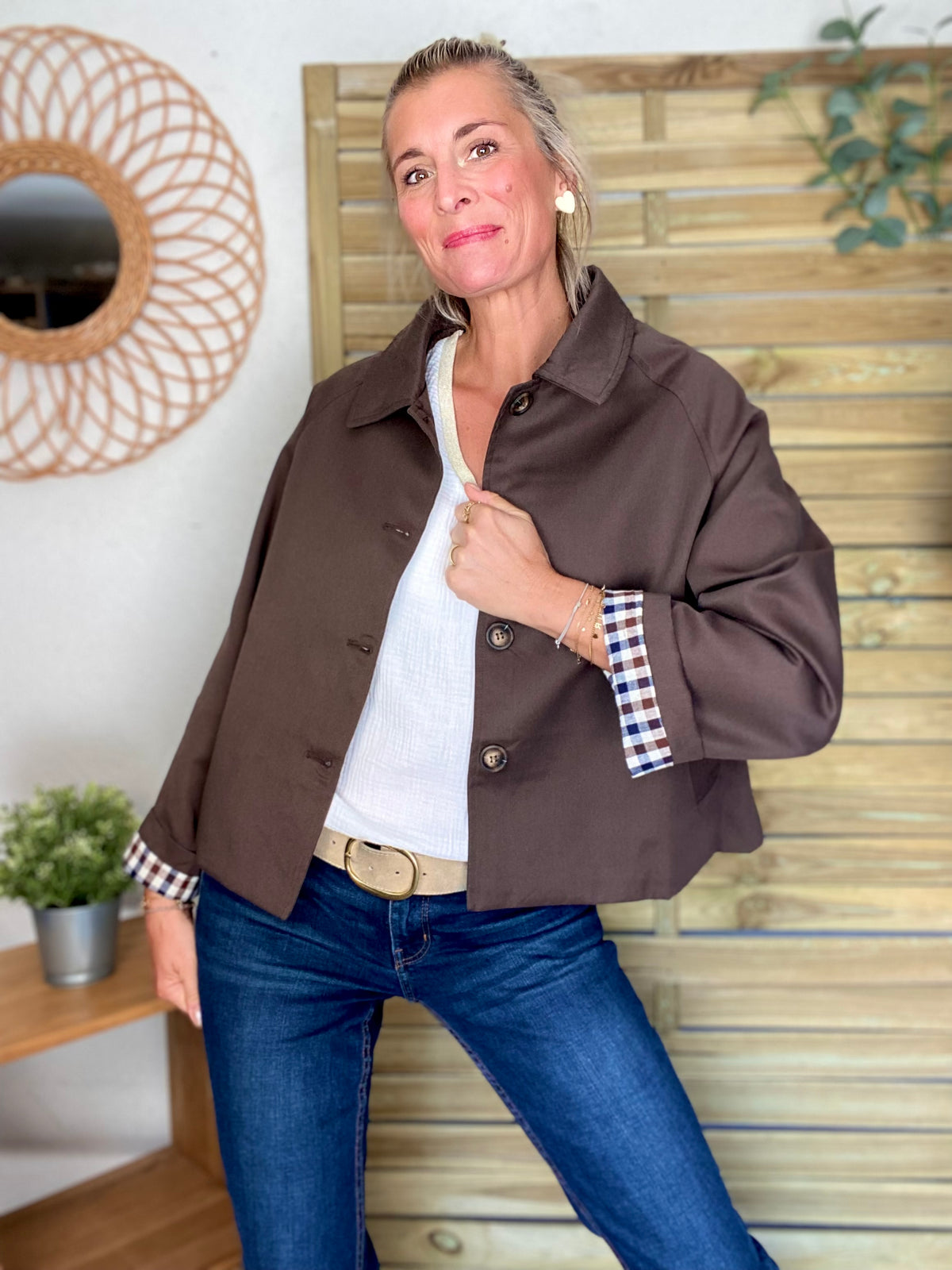Veste Trench en coton, revers carreaux - YSEULT court Chocolat