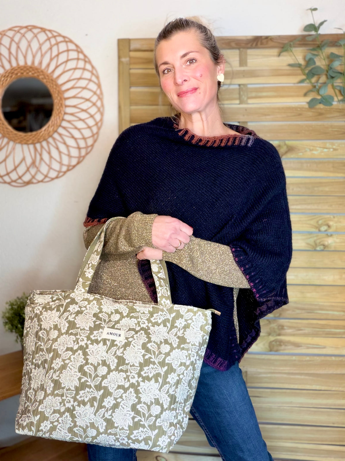 Sac cabas imprimé PIERCE - fleuri Kaki - FIN DE SÉRIE