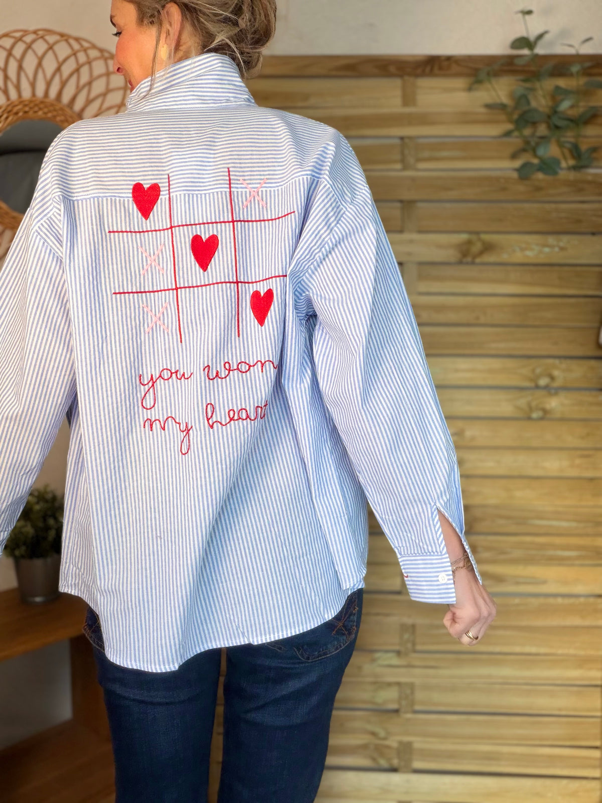 Chemise bleue rayée brodée YOU WON MY HEART ❤️ MAUREEN - FIN DE SÉRIE