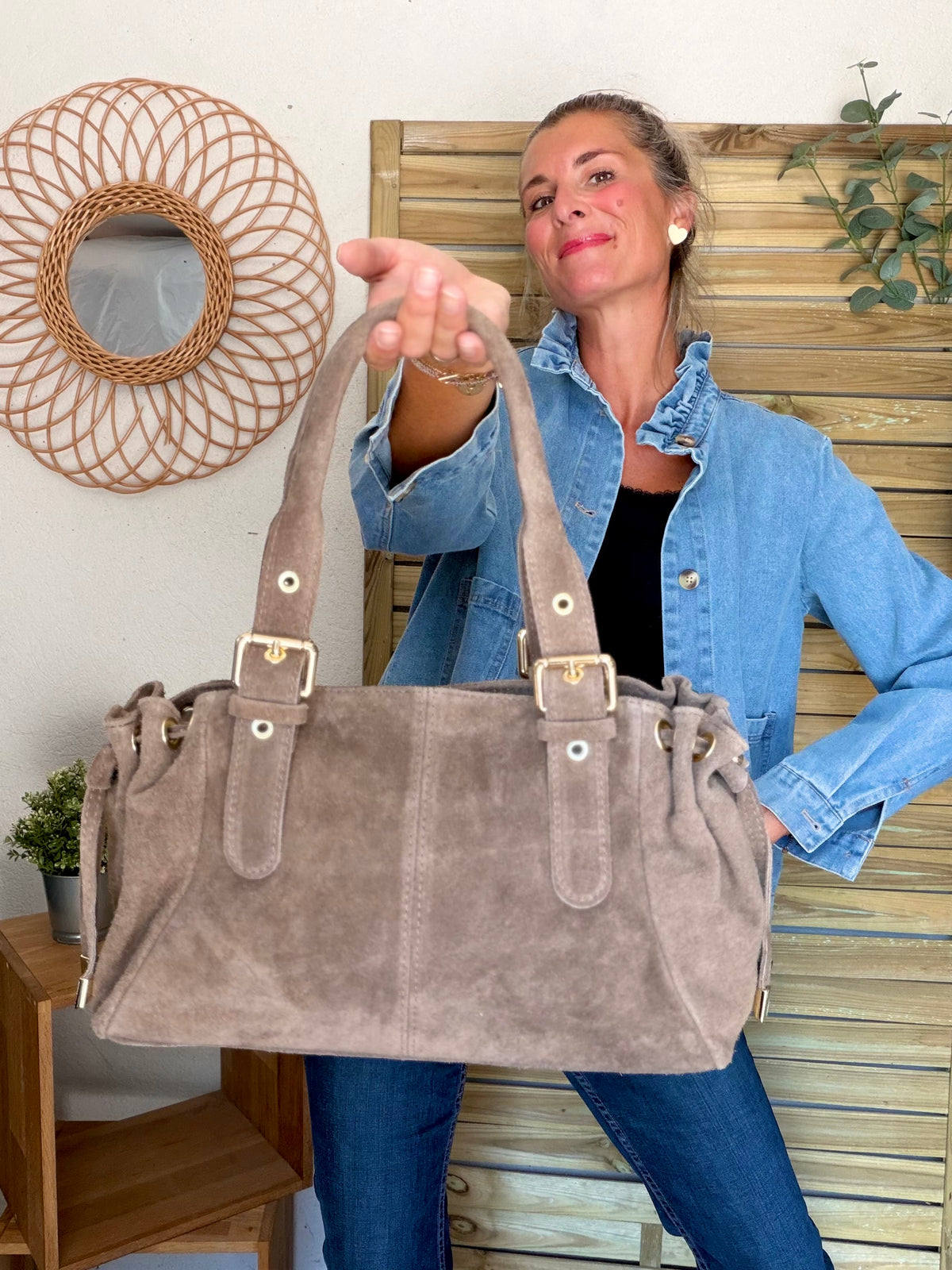 Sac à main en cuir daim GERY - Taupe