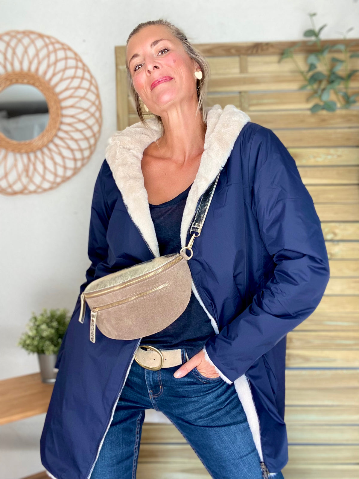 LAURA JO - Parka Imperméable réversible fourrée Bleu marine / Beige ALIX Long