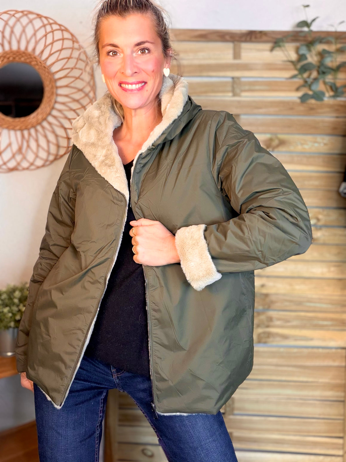 LAURA JO - Parka Imperméable réversible fourrée Kaki / Beige ALIX Court