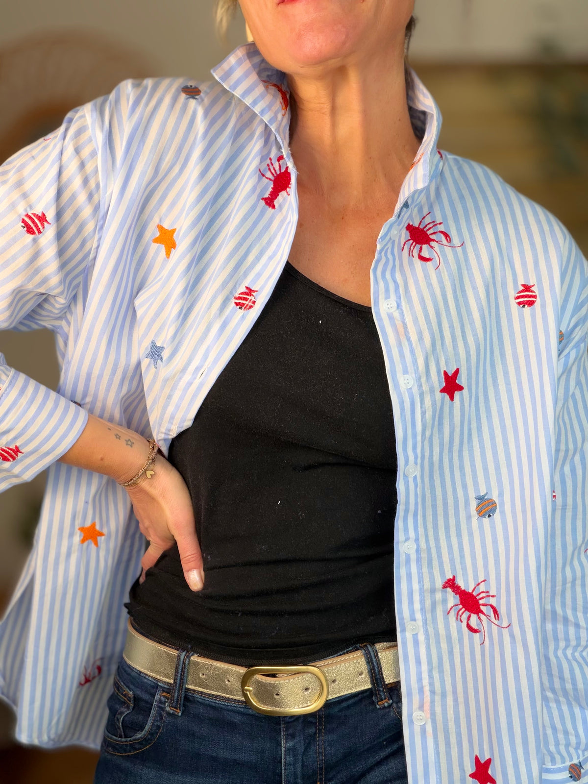 Chemise bleue à rayures coquillages et crustacés - ELORY - FIN DE SÉRIE