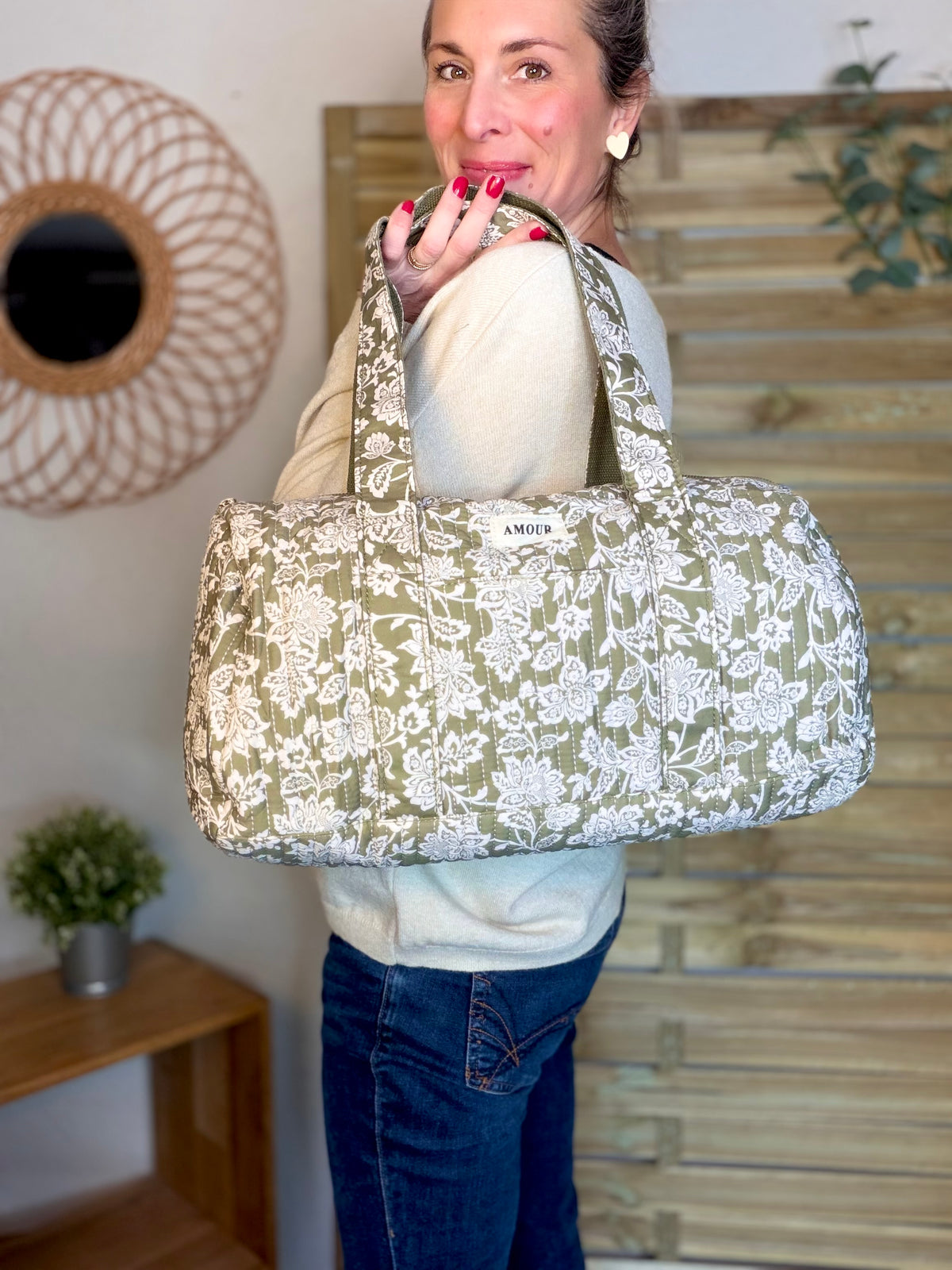 Sac polochon imprimé TARA - Fleuri Kaki - FIN DE SÉRIE