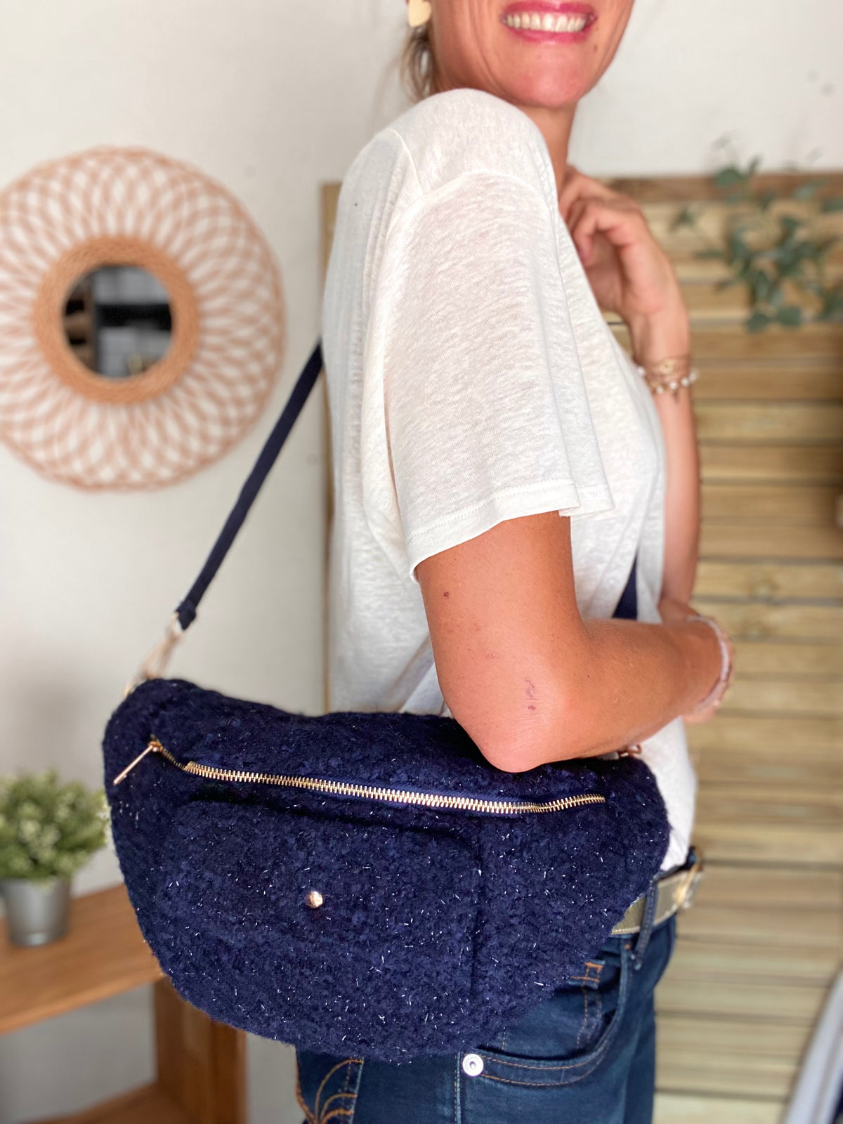 Sac banane XL moumoute lurex avec poche avant - CHELSEA - Marine - FIN DE SÉRIE