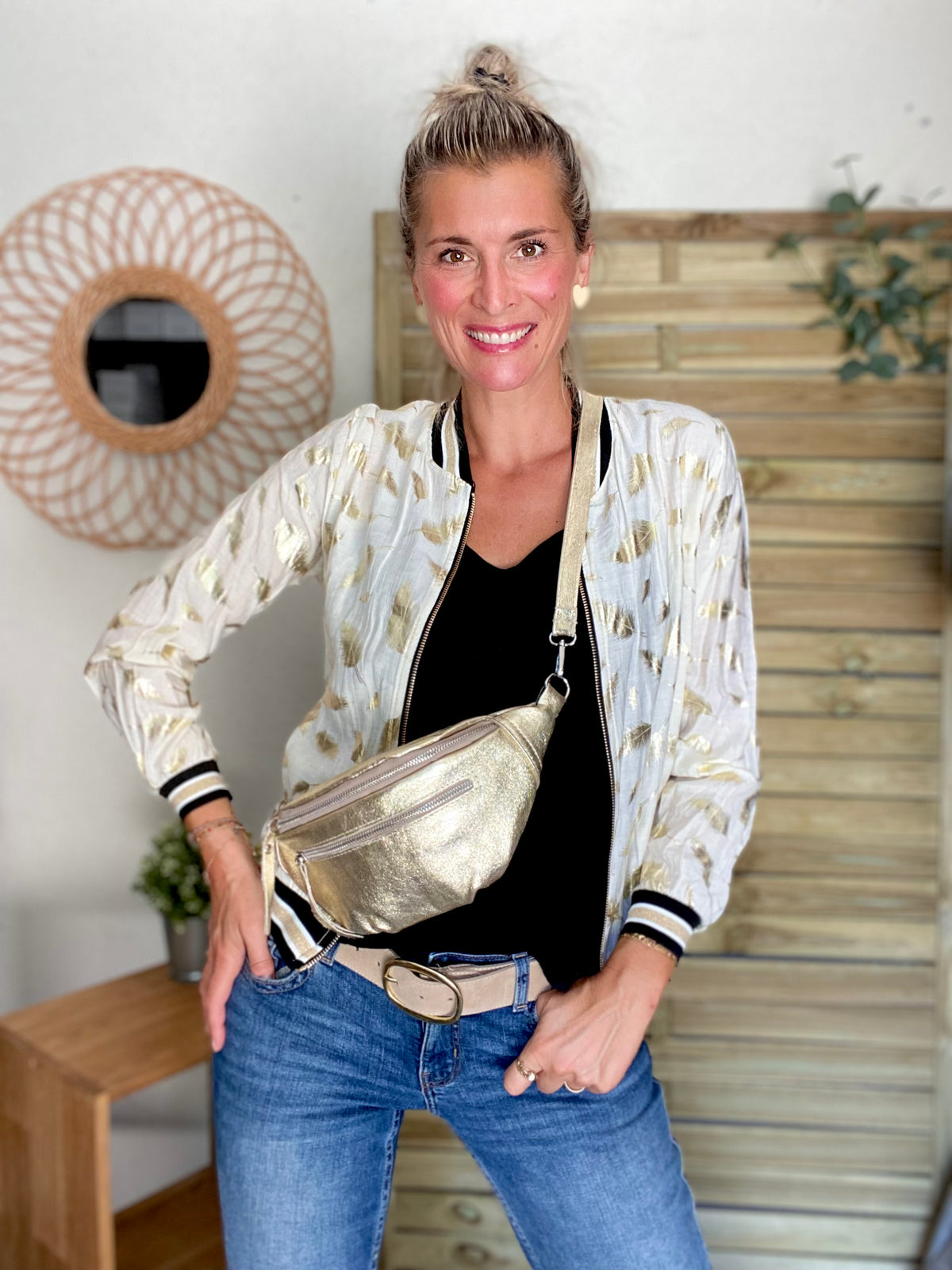 Sac banane en cuir irisé double poche - OPALE - Doré / argent