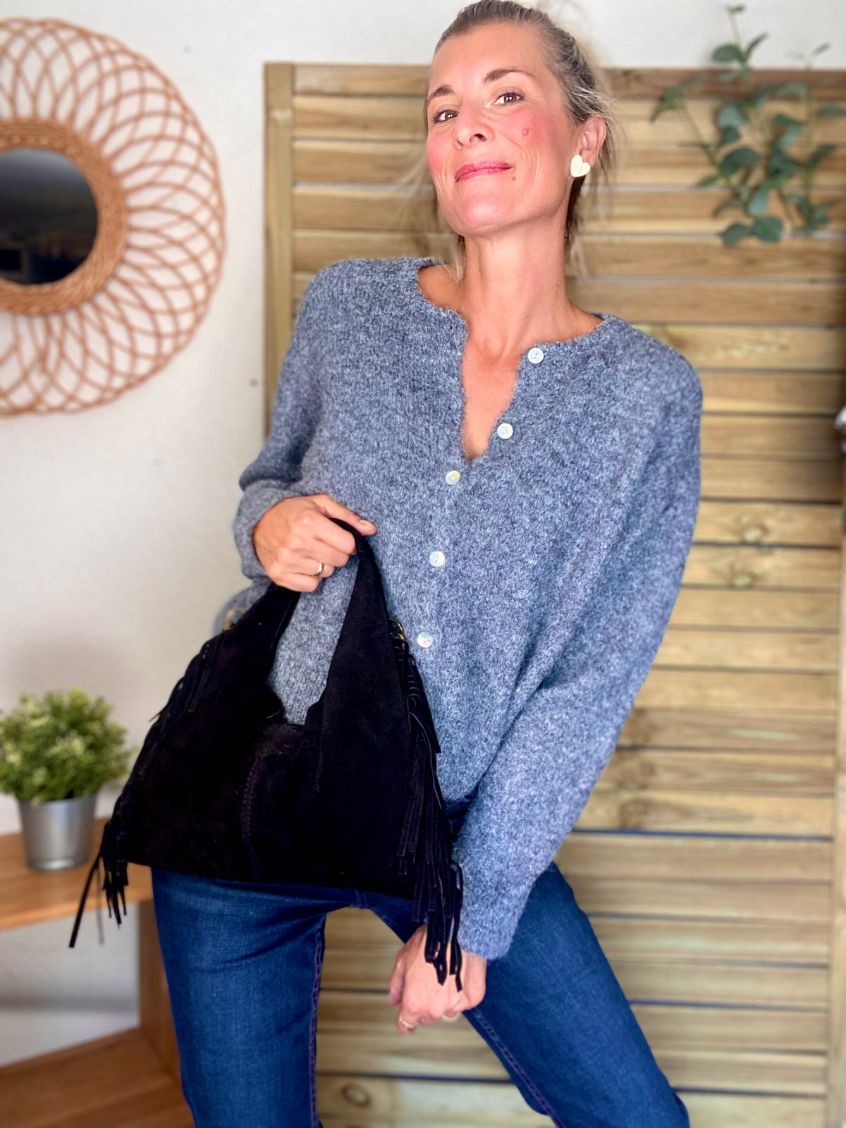 Sac hobo en cuir daim avec franges AARON - Noir - DÉSTOCKAGE