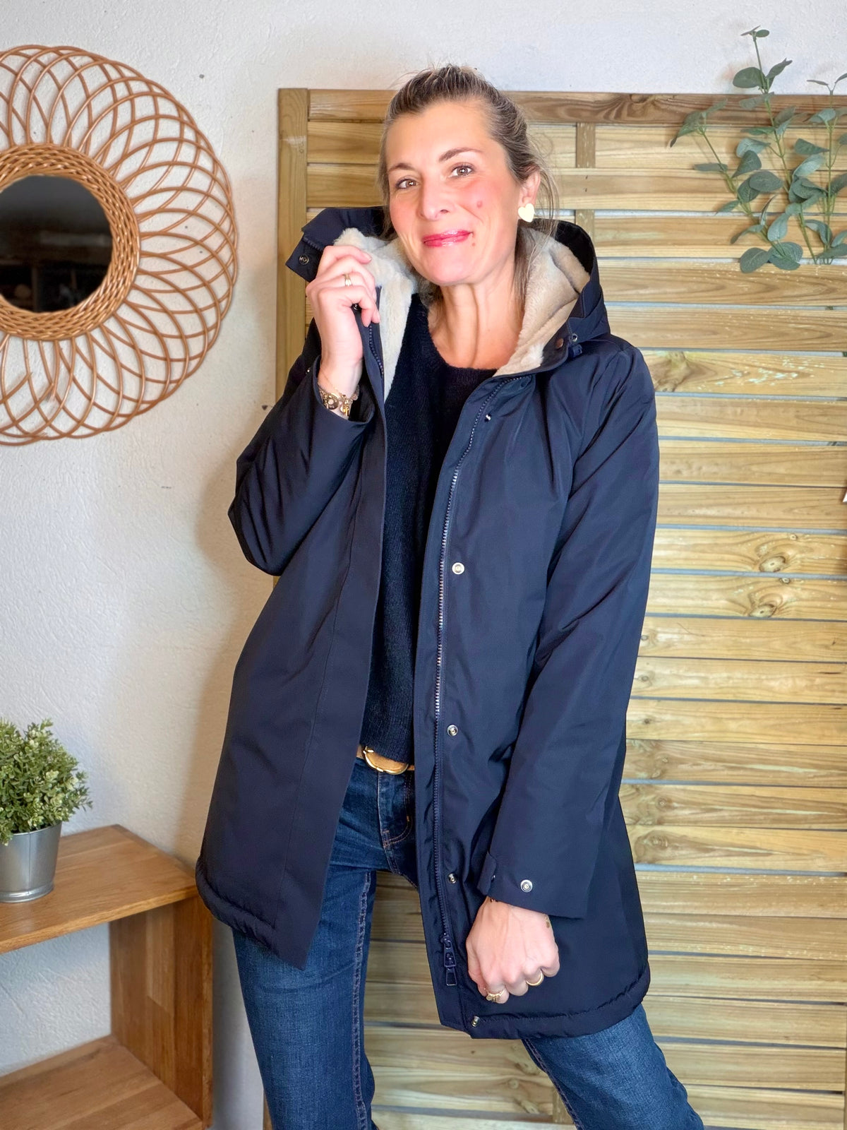 LAURA JO - Parka fourrée imperméable AMBRE LONG - Bleu marine / Beige