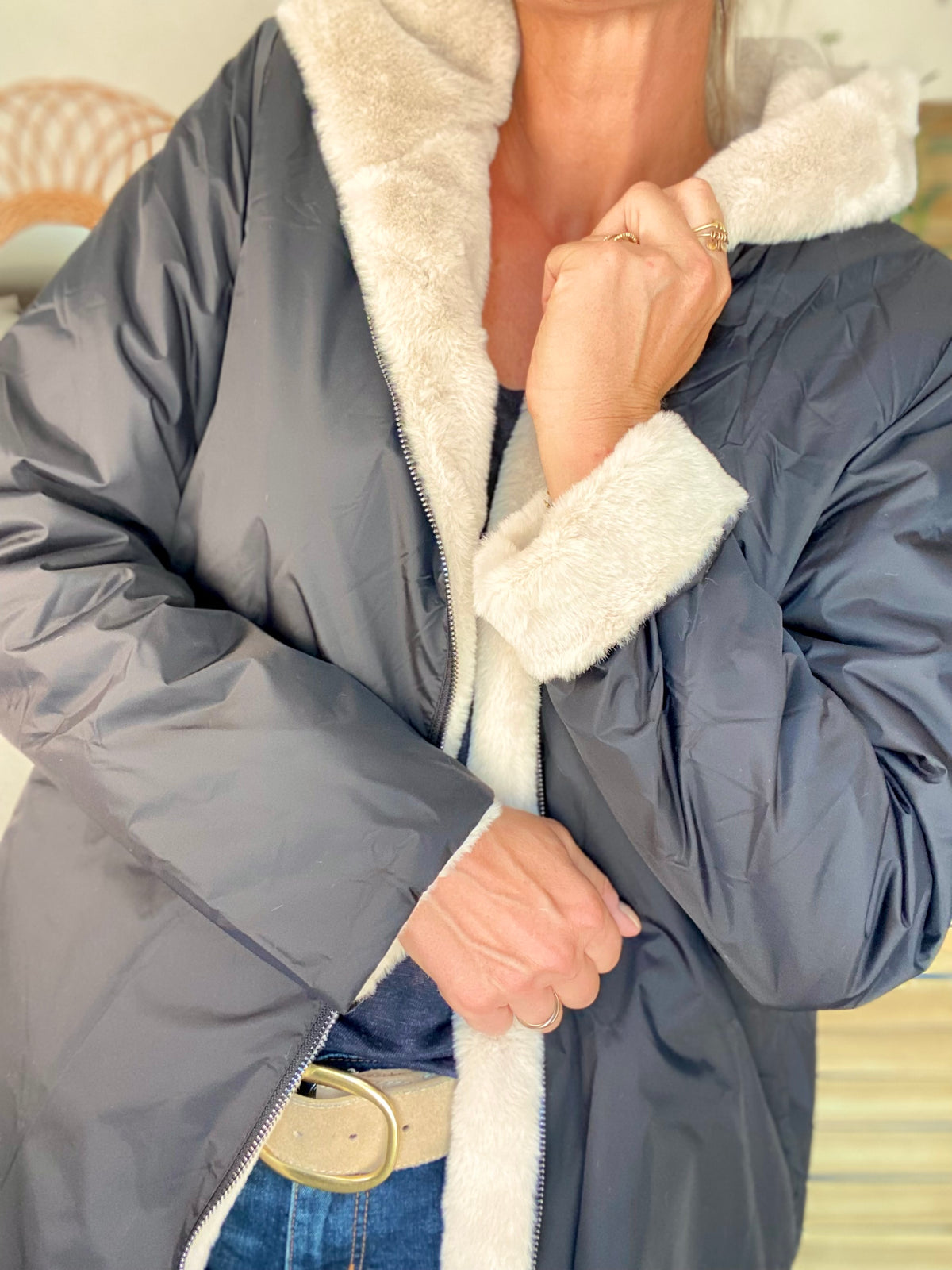 LAURA JO - Parka Imperméable réversible fourrée Noir / Beige ALIX long
